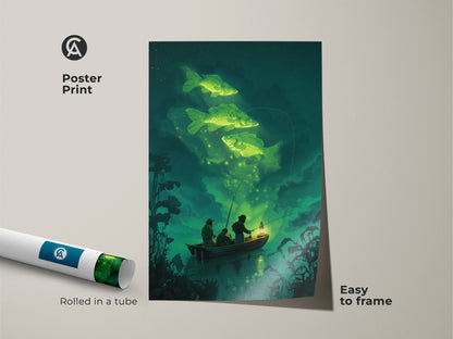 Poster print of surreal fishing artwork. It's rolled in a tube. This fantasy nature canvas art is easy to frame. The emerald green carp print features fishermen in a rowboat. Glowing carp swim above. A unique angler wall decor for any room.