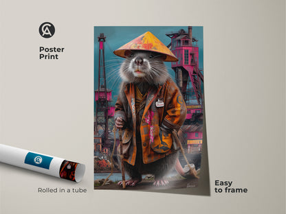 Poster print featuring a surreal rat king artwork rolled in a tube. The industrial crane artwork is easy to frame. It offers fantasy art for a study with an orange teal color palette. It is a unique art gift.