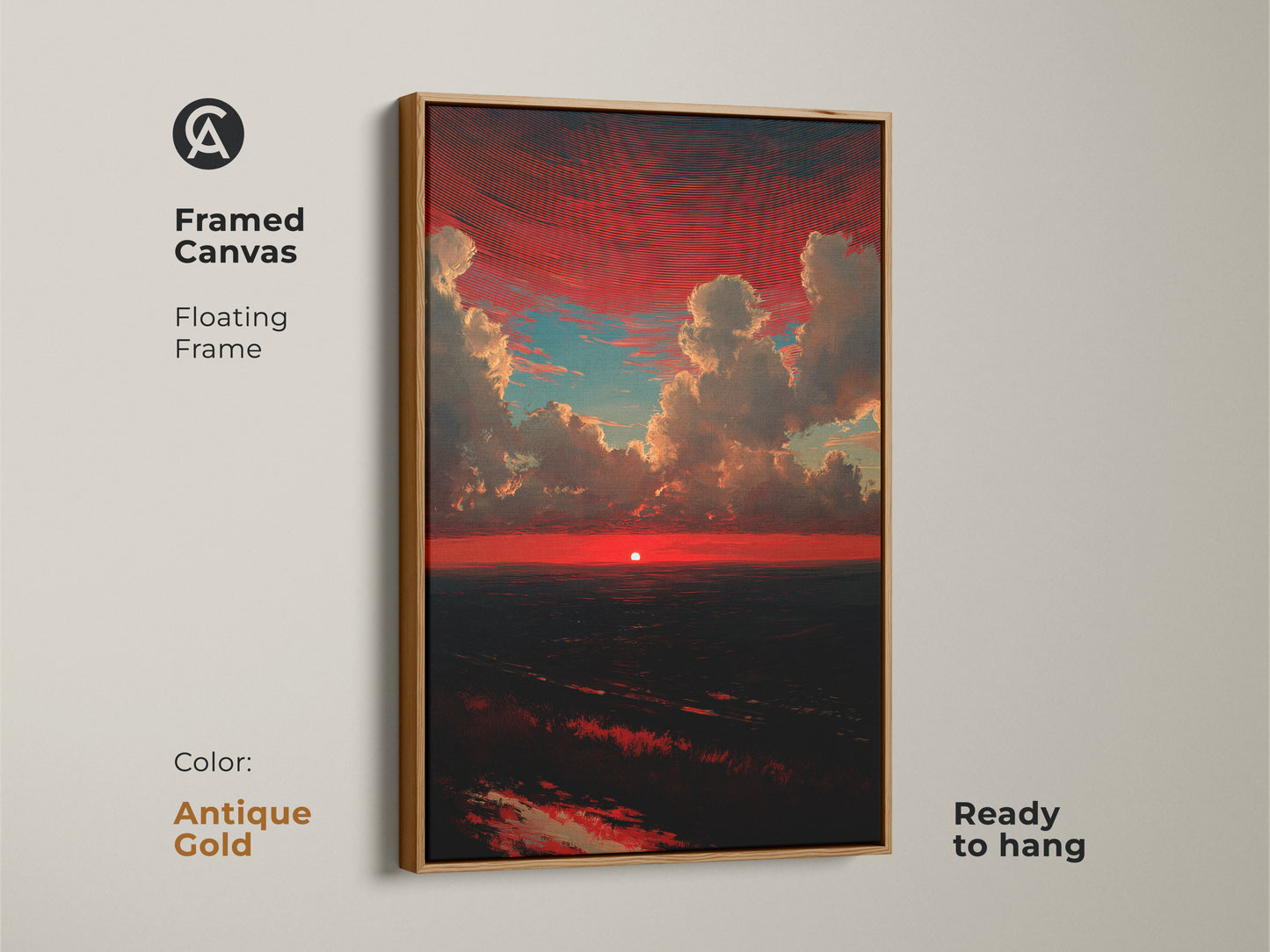 Framed crimson sunset canvas art with an antique gold floating frame. This red and teal clouds print is ready to hang. A dramatic skyscape wall decor. The nature landscape artwork is a perfect contemporary bedroom art. It's a red sky wall hanging.