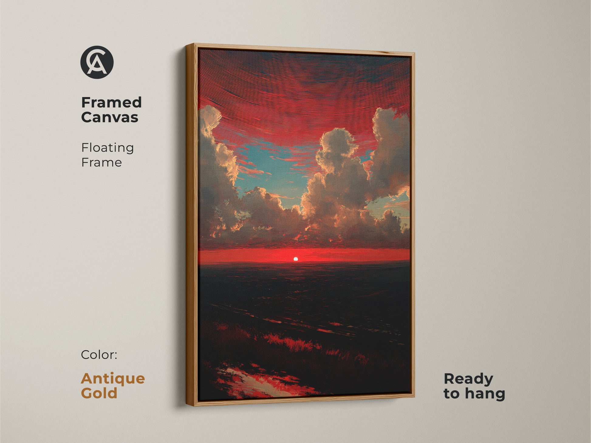 Framed crimson sunset canvas art with an antique gold floating frame. This red and teal clouds print is ready to hang. A dramatic skyscape wall decor. The nature landscape artwork is a perfect contemporary bedroom art. It's a red sky wall hanging.