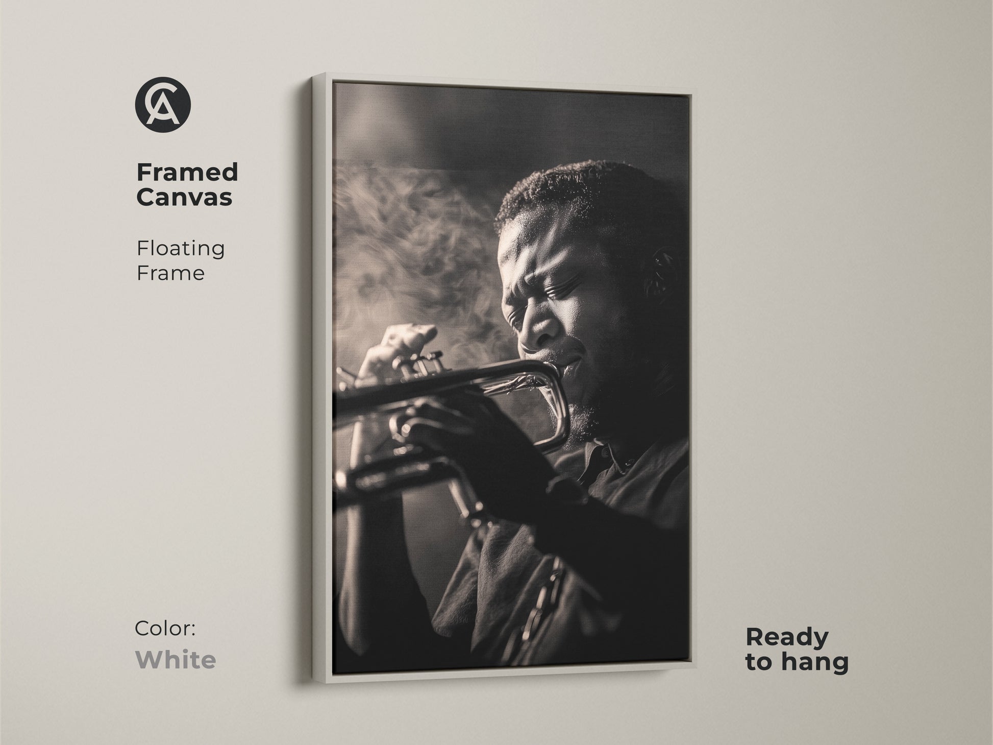 A framed canvas in white showcases a black and white photo. The musician is absorbed in playing the trumpet. The floating frame offers a clean modern look. Ready to hang this framed canvas. Refresh your walls with this artwork!