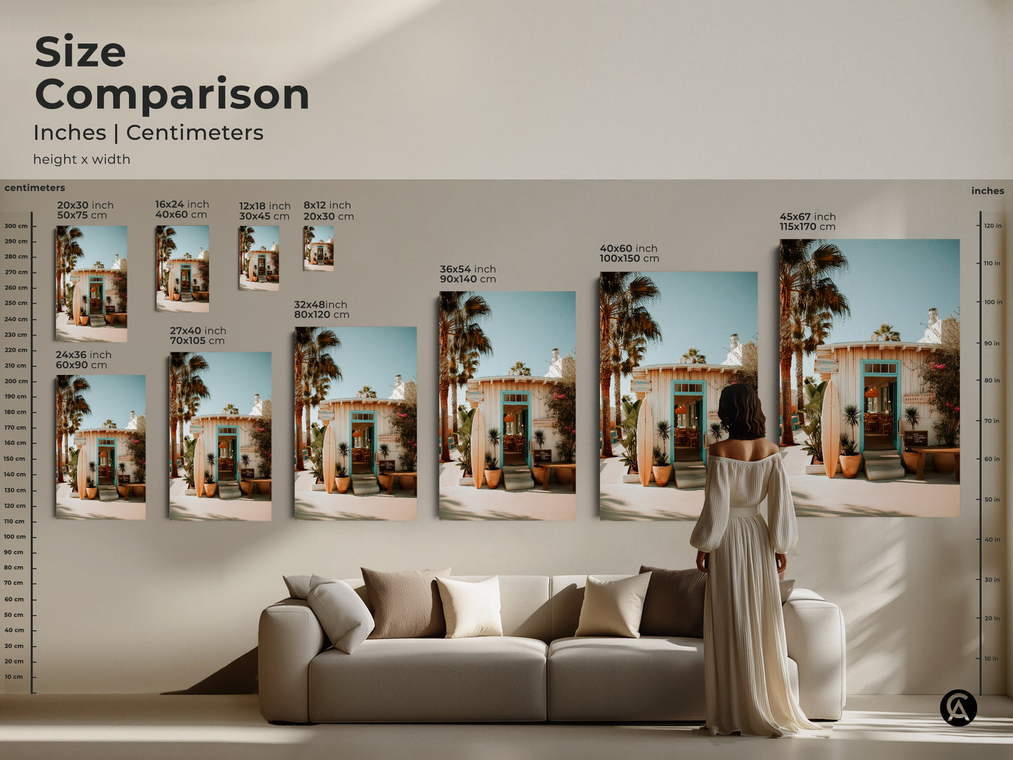 Size comparison of artwork in inches and centimeters. A woman stands beside various sizes of a beach resort entrance artwork. See how each size fits in a living space. Available as canvas or poster prints for your home decor.