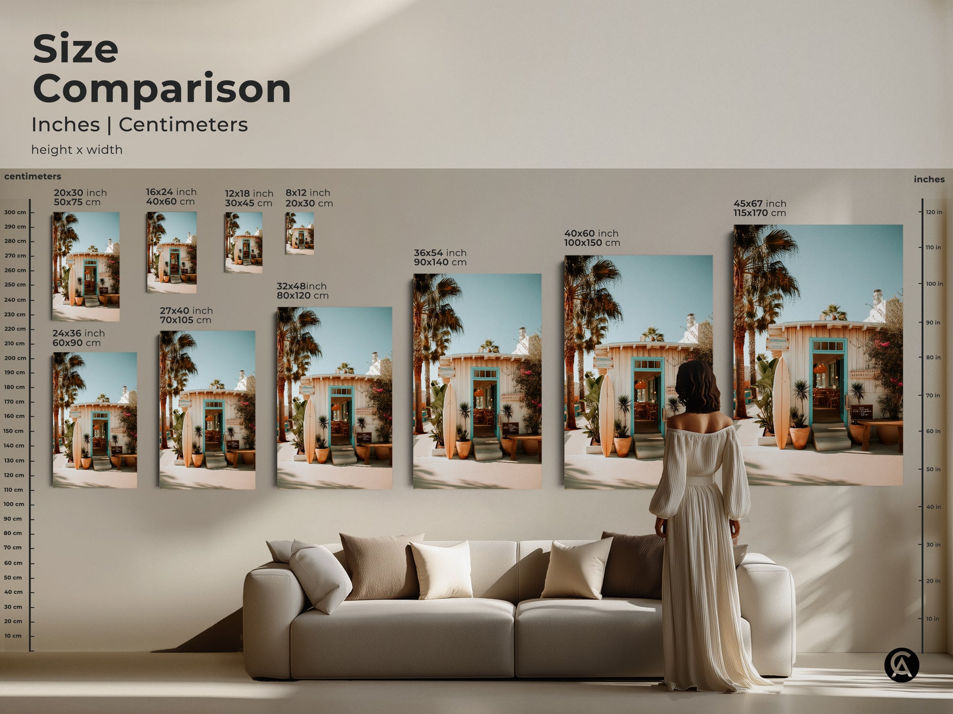 Size comparison of artwork in inches and centimeters. A woman stands beside various sizes of a beach resort entrance artwork. See how each size fits in a living space. Available as canvas or poster prints for your home decor.