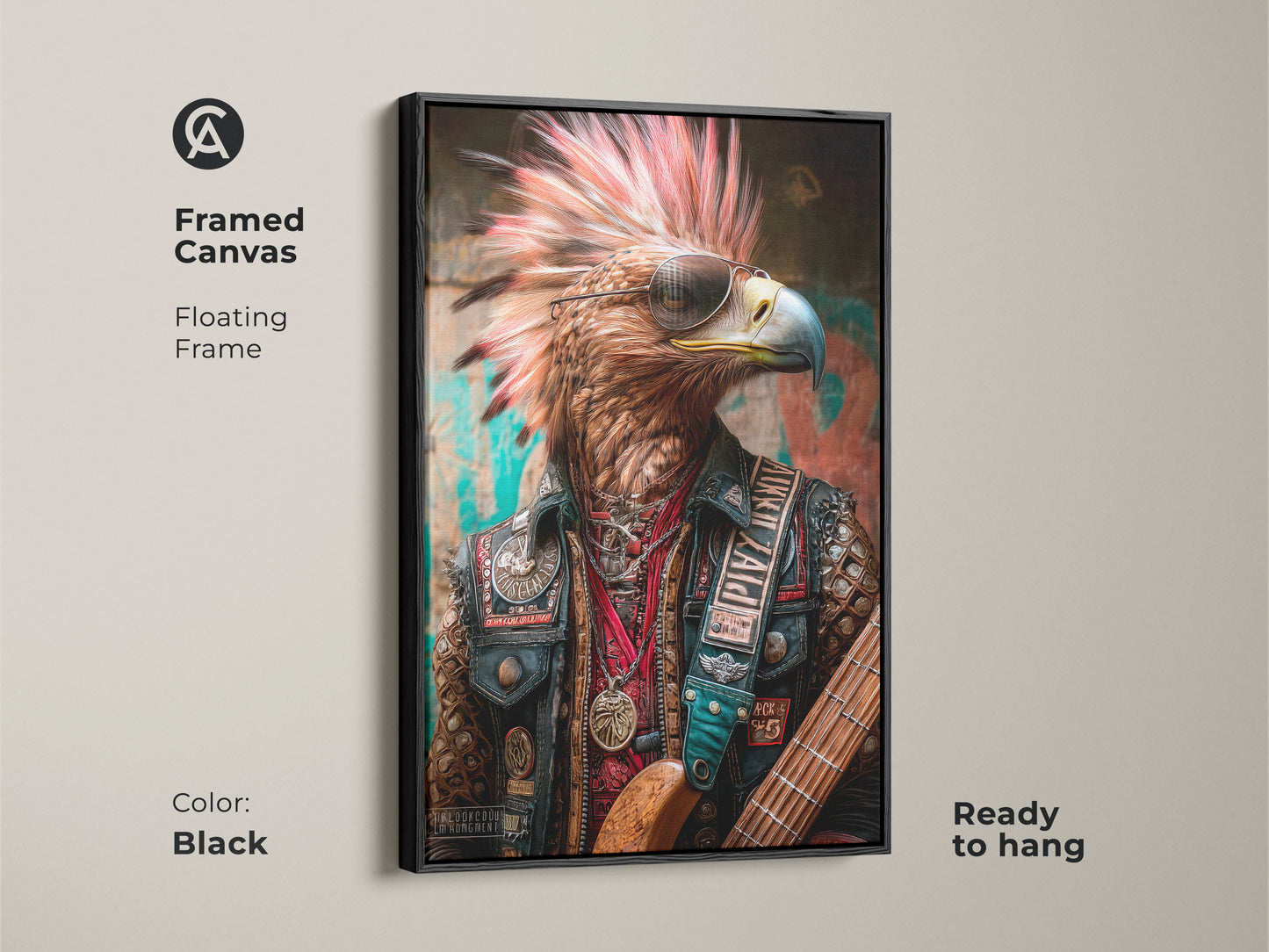 Framed canvas featuring the Eagle Rocker art piece with floating frame in black. This cool sunglasses eagle guitarist artwork is ready to hang. A rock and roll poster art offers a rebellious touch. A great man cave decor gift for a music lover's birthday.
