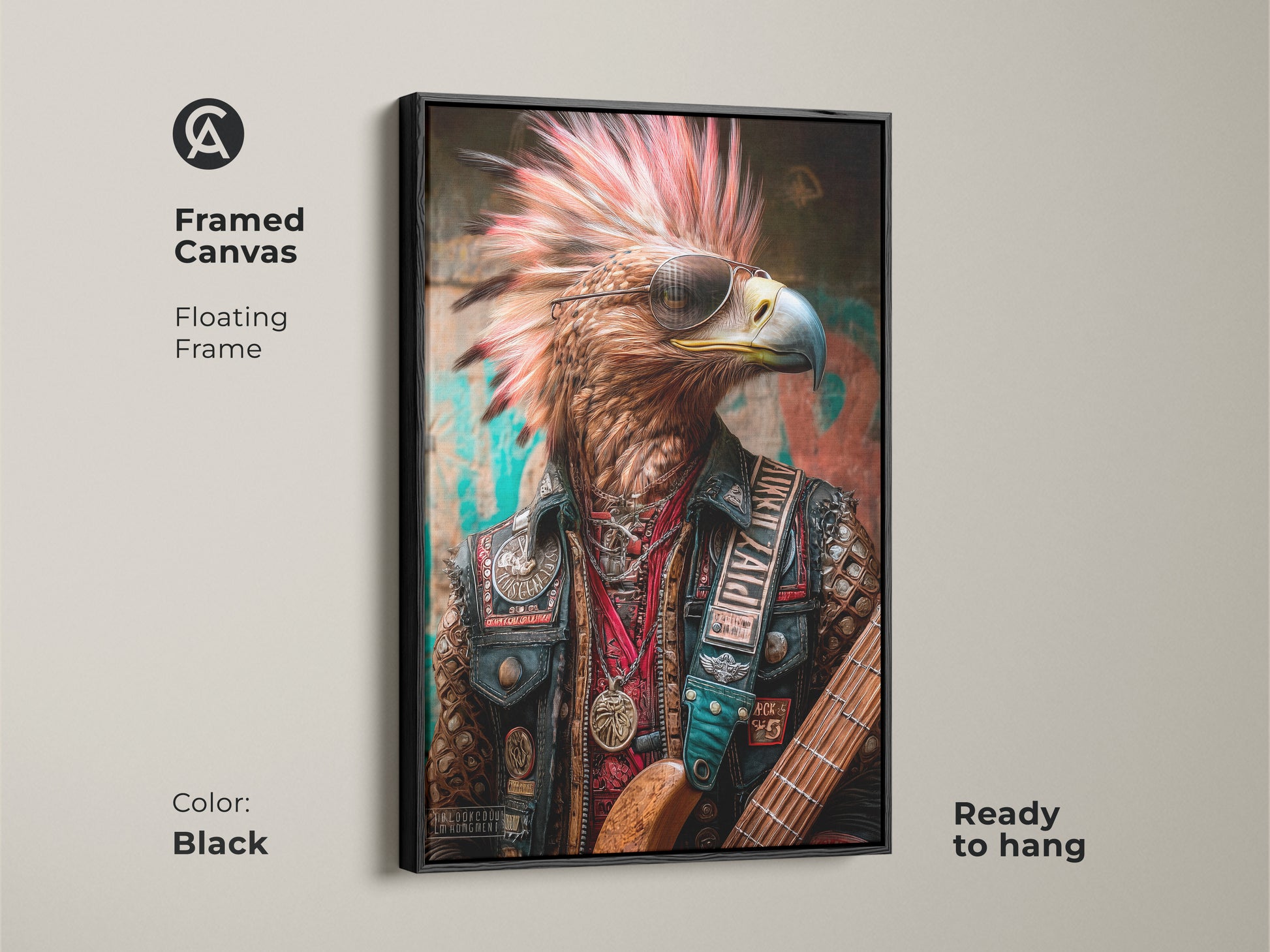 Framed canvas featuring the Eagle Rocker art piece with floating frame in black. This cool sunglasses eagle guitarist artwork is ready to hang. A rock and roll poster art offers a rebellious touch. A great man cave decor gift for a music lover's birthday.