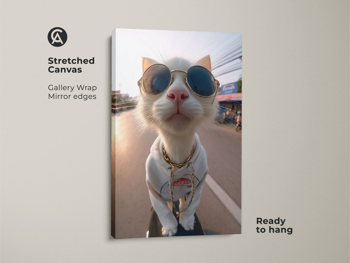 A stretched canvas featuring a cool cat with sunglasses and a hoodie. This gallery-wrapped artwork has mirrored edges. It's ready to hang and adds a fun touch to any space. Ideal for cat art collectors. This unique piece captures feline charm.