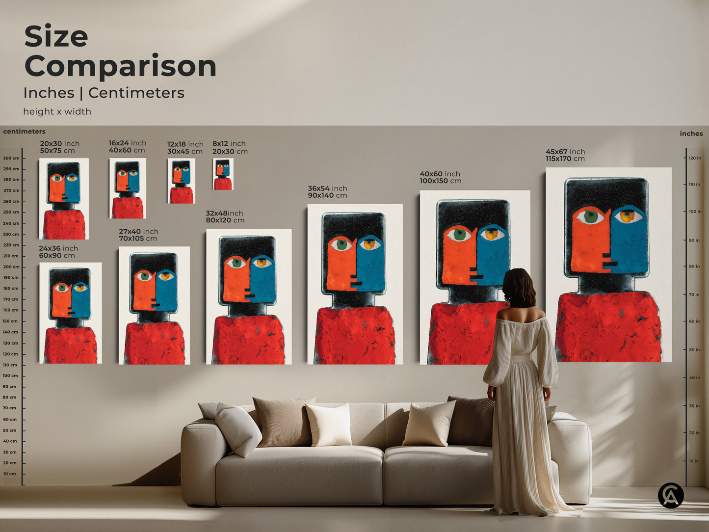 Size Comparison of a Contemporary Abstract Face Portrait artwork. See how this red and blue figurative art fits above your sofa. This artwork makes a thoughtful housewarming gift.