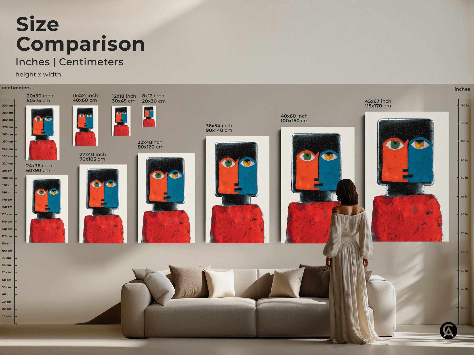 Size Comparison of a Contemporary Abstract Face Portrait artwork. See how this red and blue figurative art fits above your sofa. This artwork makes a thoughtful housewarming gift.