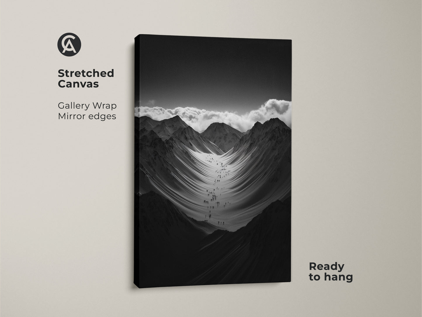 Black and white mountain canvas featuring hikers in a snowy landscape. The stretched canvas has mirror edges. This minimalist artwork is ready to hang. It is ideal for home office mountain print or outdoor adventure canvas.