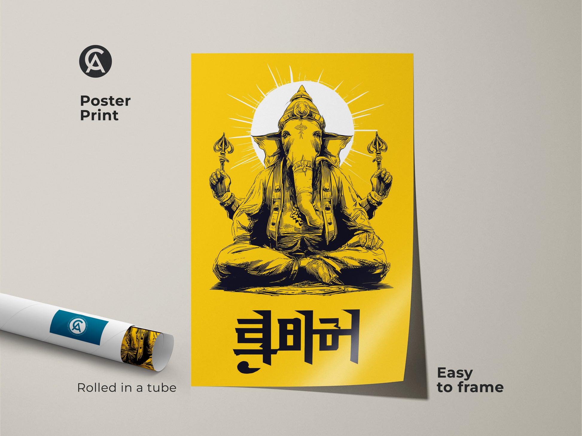 Ganesha poster print rolled in a tube. The yellow Hindu wall art is easy to frame. It is perfect as study room decor. This spiritual deity artwork is a thoughtful gift. The mythology art print adds a vibrant touch.