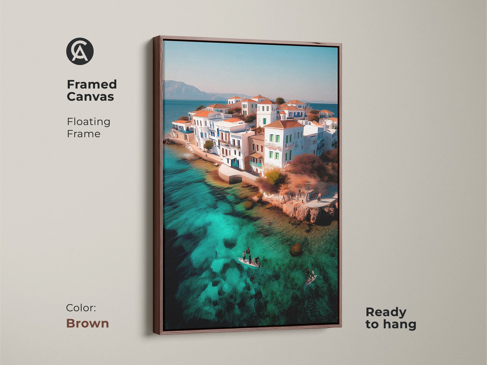 Framed coastal canvas artwork of an island village with a brown floating frame. This turquoise water aerial seascape print brings Mediterranean decor. It’s ready to hang making it a great travel gift.  This scenic island village art adds coastal charm.