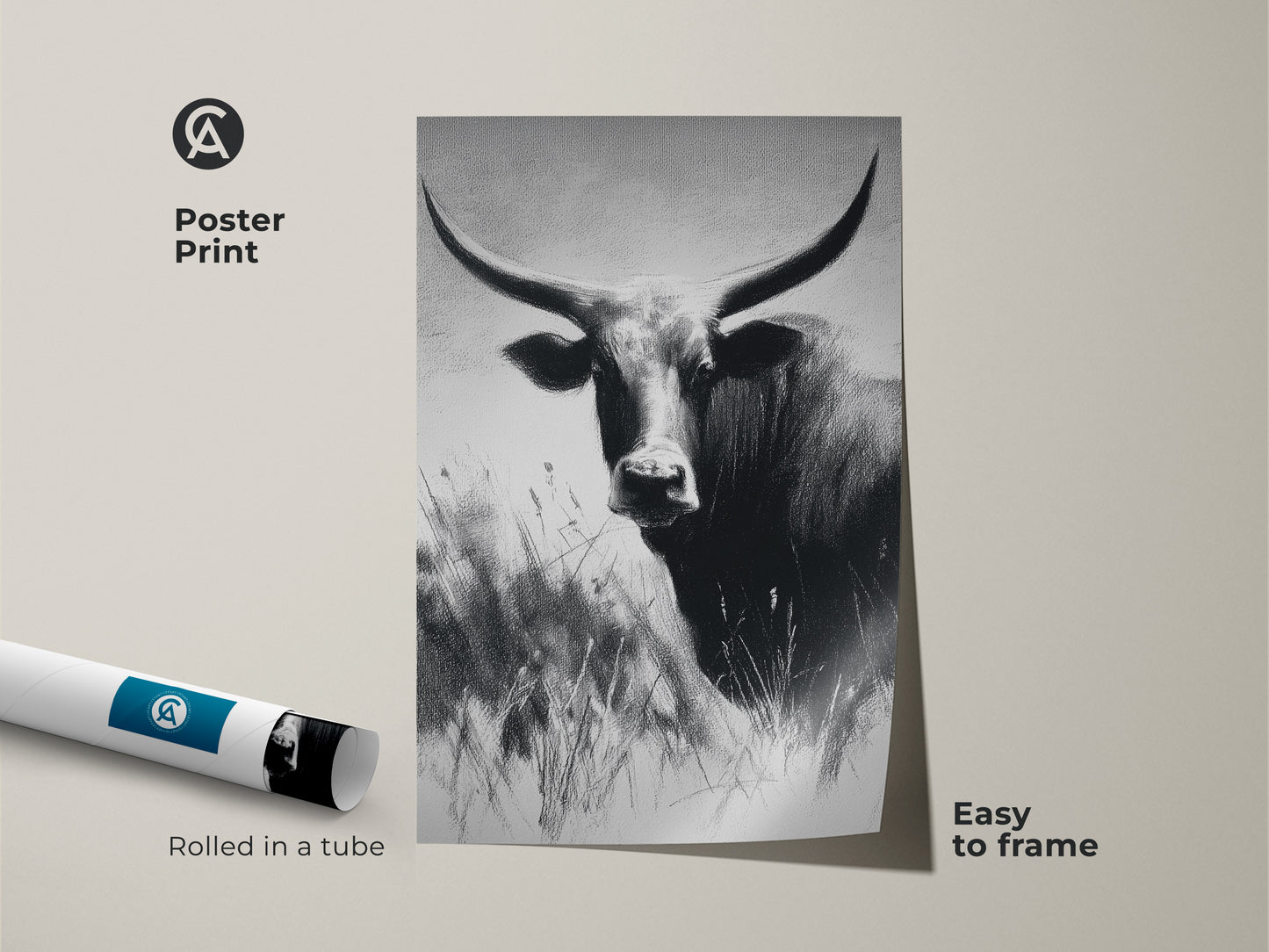 Farmhouse cow art poster print rolled in a tube. Easy to frame monochrome bull artwork. Rustic black and white wildlife decor for any room. Minimalist animal art.