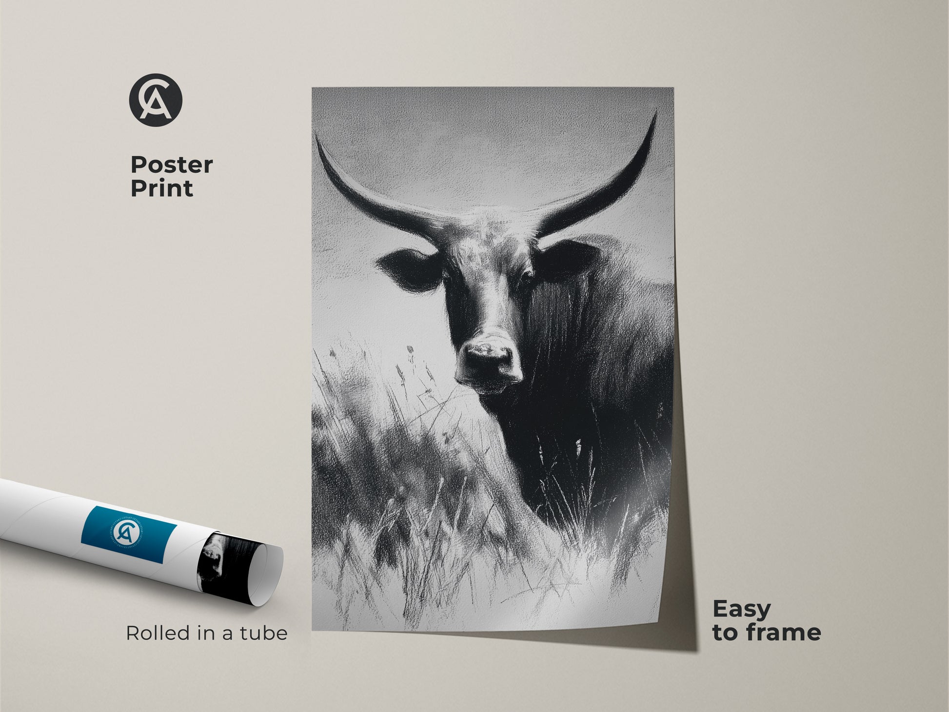 Farmhouse cow art poster print rolled in a tube. Easy to frame monochrome bull artwork. Rustic black and white wildlife decor for any room. Minimalist animal art.