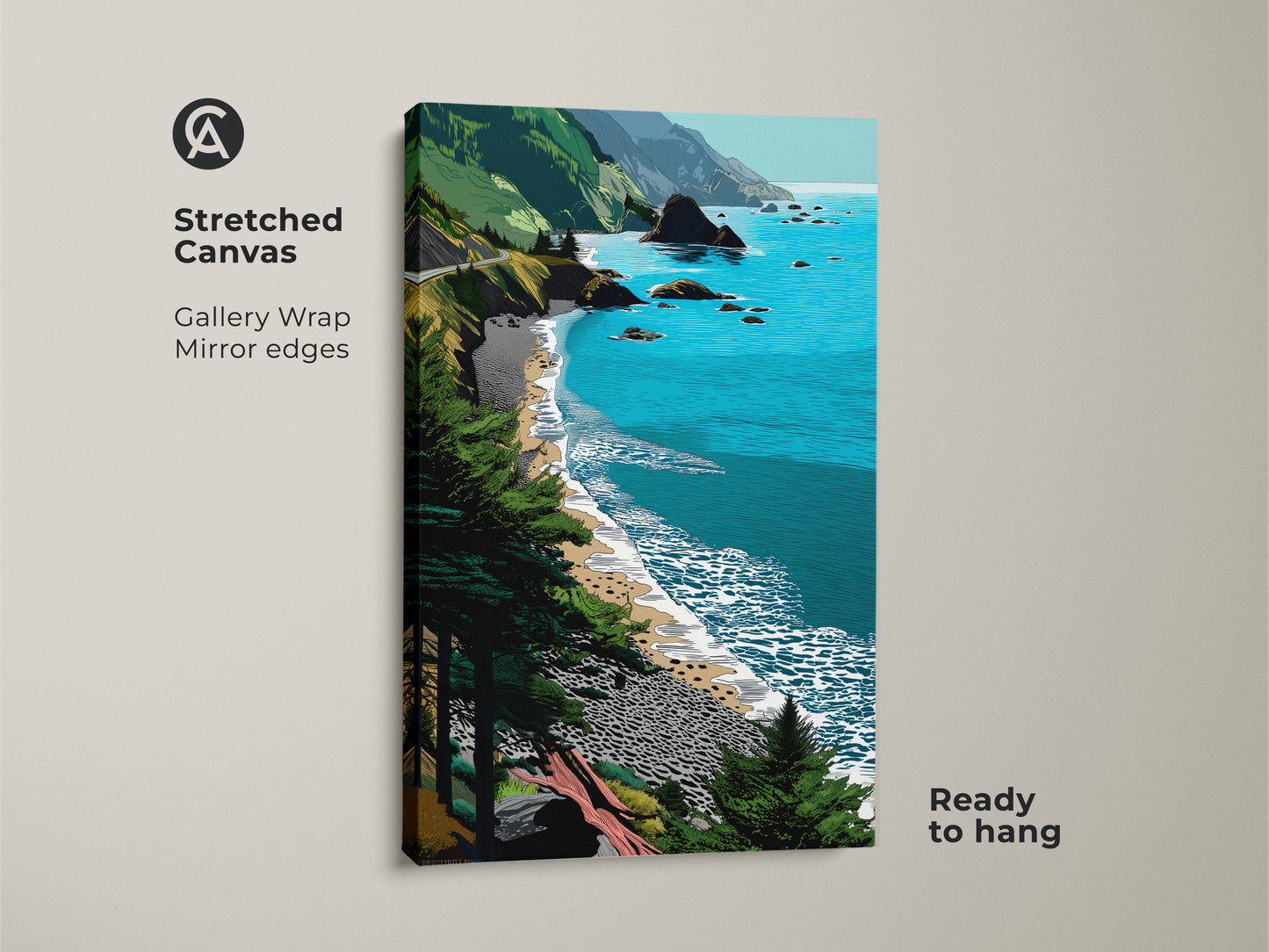 Stretched canvas print of a teal blue beach landscape. Gallery wrapped with mirror edges it's ready to hang. This coastal ocean wall art features a green seaside nature scenery. Ideal for adding contemporary coastal charm to any beach house.