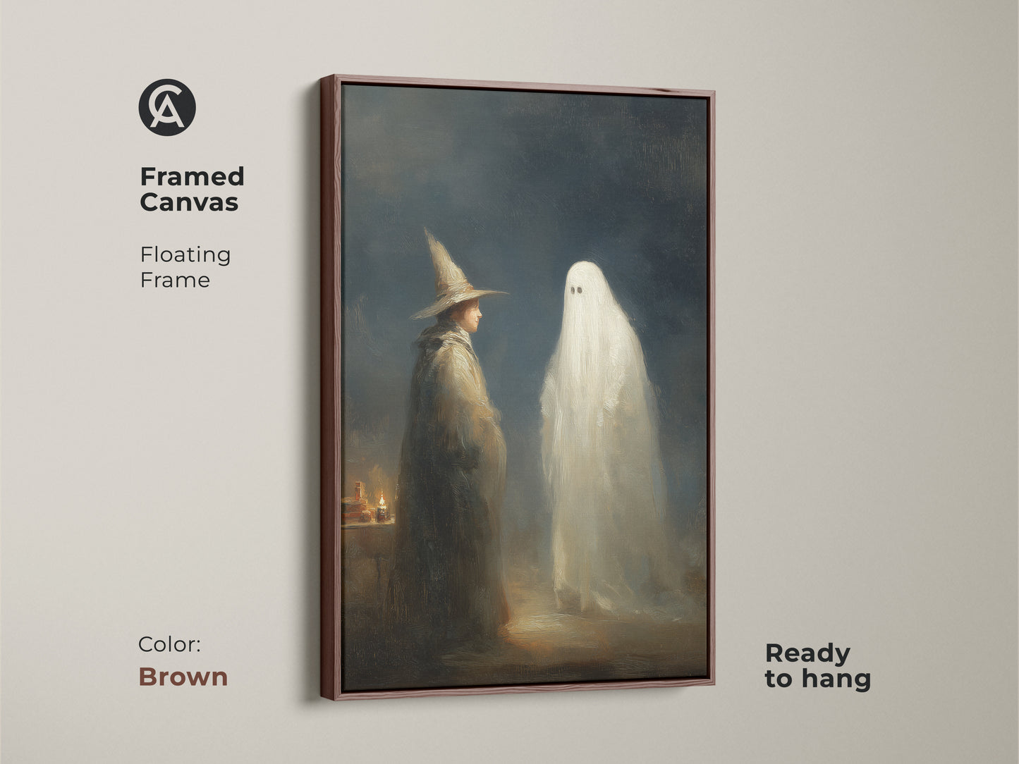 Framed canvas featuring a gothic wizard and ghost in a brown floating frame. This supernatural fantasy art is ready to hang. The dark academia style enhances this eclectic gothic home decor. Perfect for a study or Halloween gift.