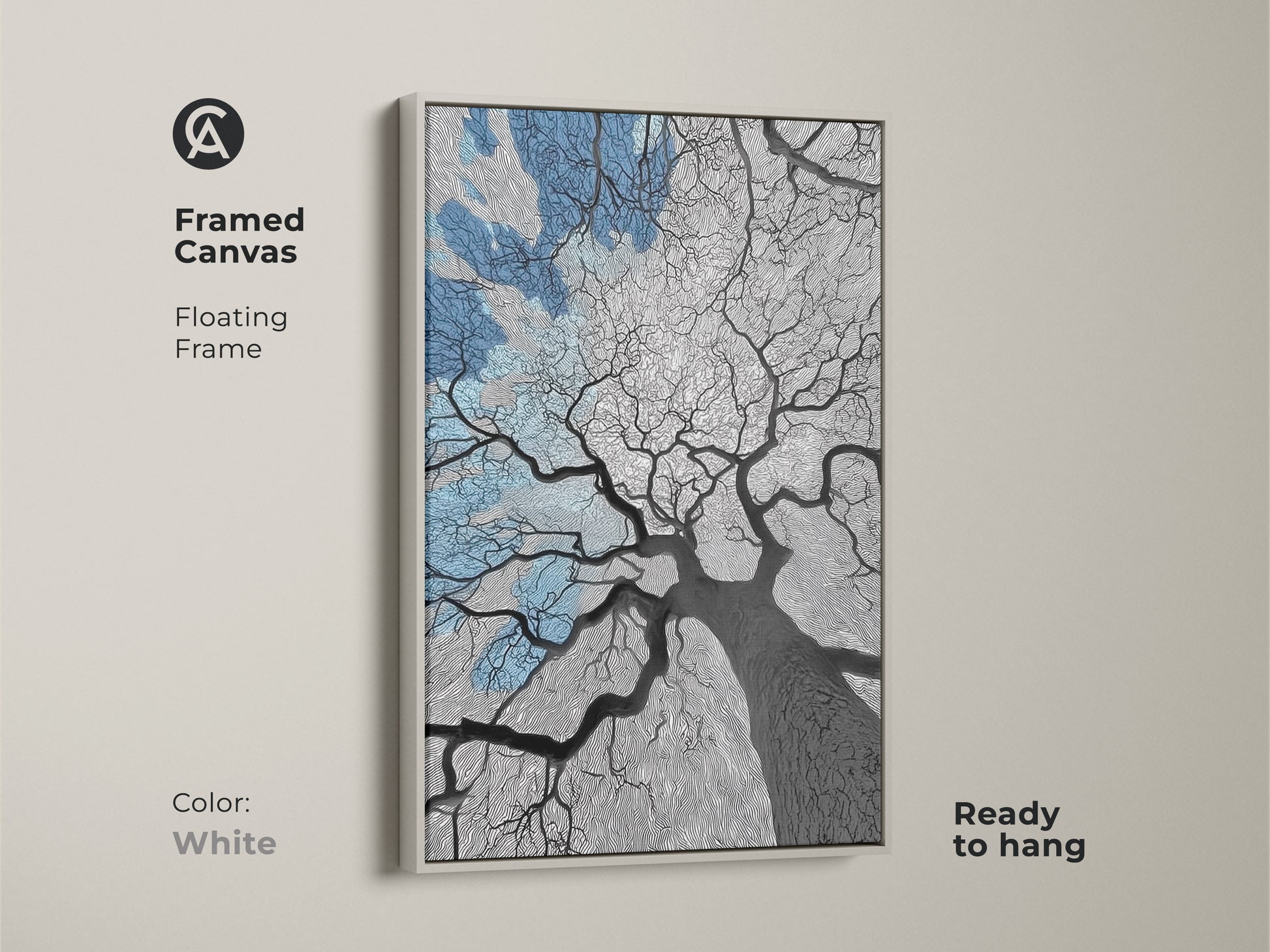 Abstract artwork with a white floating frame showcasing an oak tree. The modern canvas print features a blue sky blending nature and art. Ready to hang this artwork is ideal for any room. It's a great housewarming gift adding an elegant touch. The tree art complements any decor.