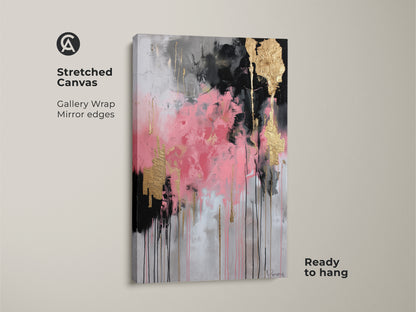 Stretched canvas featuring pink black and gold leaf abstract art. The gallery wrap with mirror edges ensures a seamless display. Ready to hang this contemporary wall decor enhances any room. This modern abstract artwork is perfect for adding a touch of elegance. It’s ideal for creating a stylish and inviting atmosphere in your home or office.