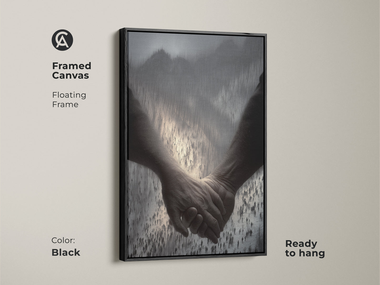 Framed canvas in black showcasing a couple holding hands. This figurative abstract print is set against a subtle crowd. It offers contemporary home decor perfect for a bedroom wall. This floating frame is ready to hang. It is symbolic wall art for couples.