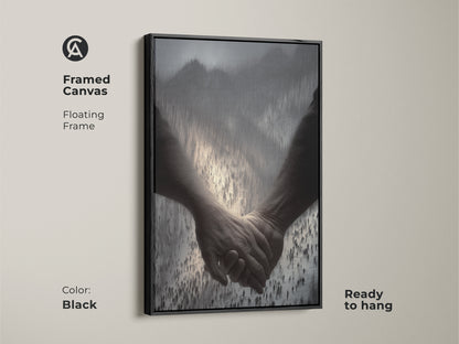 Framed canvas in black showcasing a couple holding hands. This figurative abstract print is set against a subtle crowd. It offers contemporary home decor perfect for a bedroom wall. This floating frame is ready to hang. It is symbolic wall art for couples.