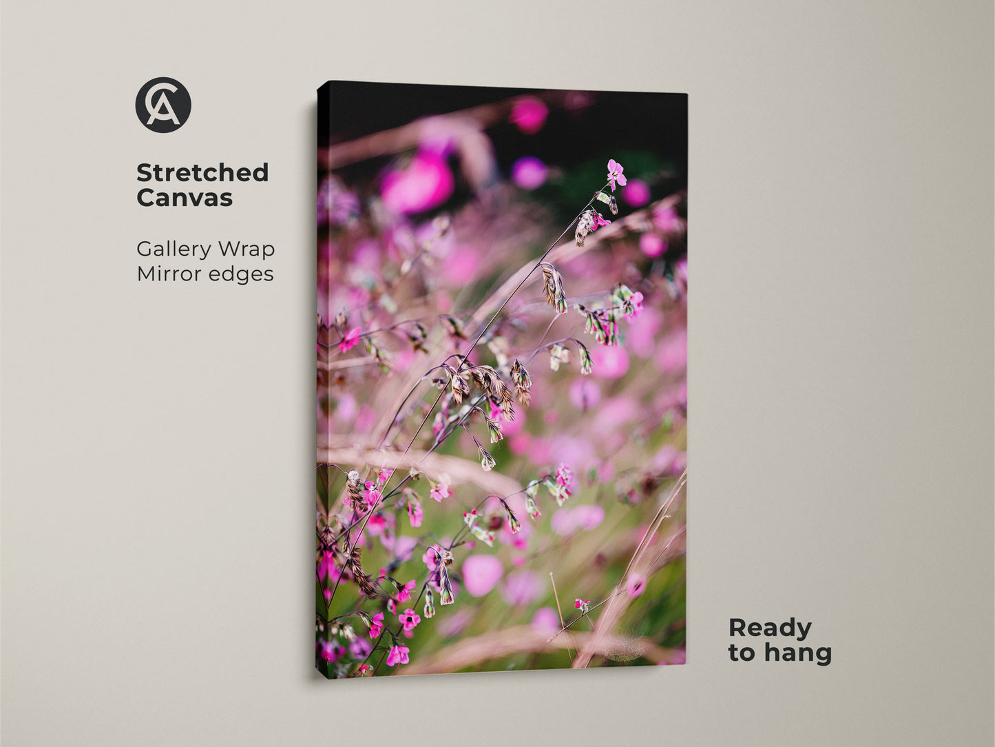 Stretched canvas featuring a pink wildflower macro photo. Gallery wrap with mirror edges adds a modern touch. This boho botanical wall art is ready to hang. Perfect as a plant lover gift or bedroom wall decor.
