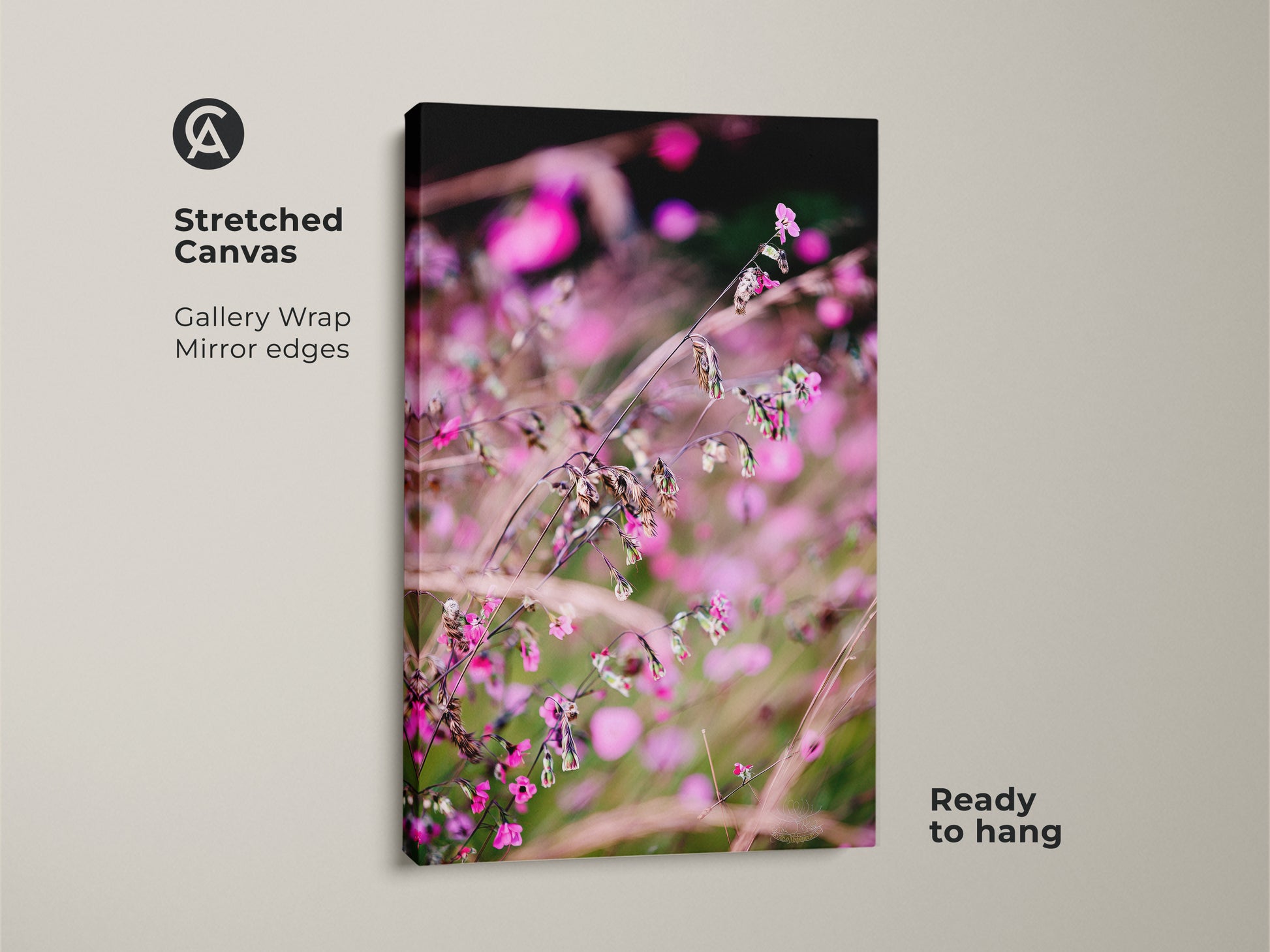Stretched canvas featuring a pink wildflower macro photo. Gallery wrap with mirror edges adds a modern touch. This boho botanical wall art is ready to hang. Perfect as a plant lover gift or bedroom wall decor.