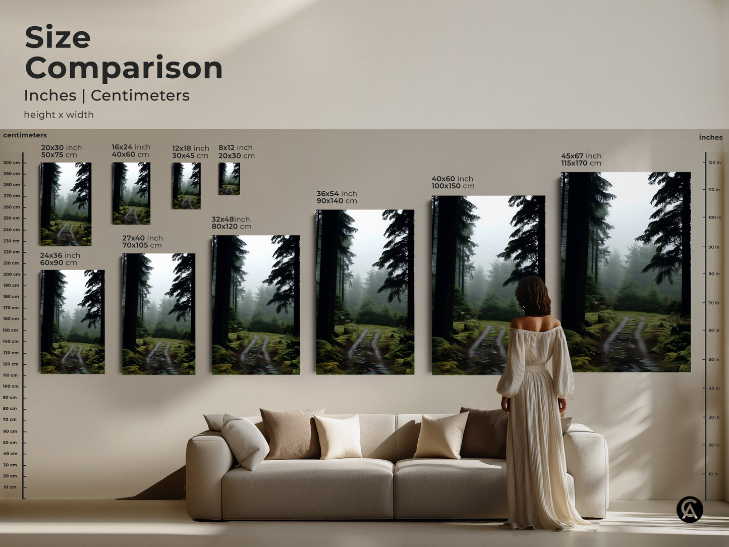 Size comparison of misty forest path artwork in inches and centimeters. Visualize the deep green pine trees canvas in different dimensions. Perfect rustic nature landscape decor for any room. See how it complements your furniture. A gift for hikers.