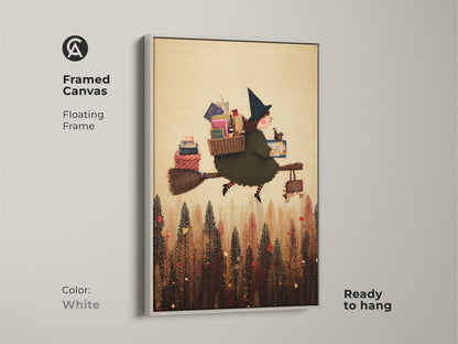 Framed Canvas art showcases a Folk Art Witch carrying books in an Olive Green forest. This artwork is perfect for Kids Room Decor or Halloween Decor. Ready to hang in White Frame.