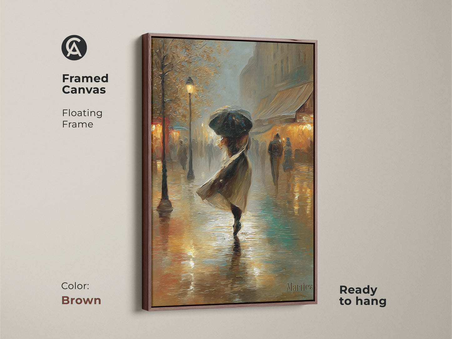 This brown framed canvas art print depicts a rainy day in Paris. The artwork features a woman with an umbrella in an impressionistic style. The floating frame accentuates the gold and brown tones. It is ready to hang and adds a cozy touch to your living room. It makes a thoughtful artistic gift for a friend.
