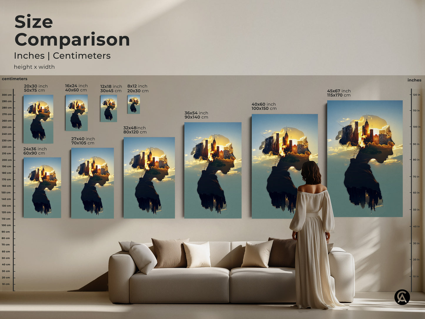 Size comparison of double exposure cityscape artwork in inches and centimeters. See the artwork in a living room setting for scale. A woman views the art above a couch. These surreal female profile art pieces capture a golden hour city skyline. Perfect for home decor.