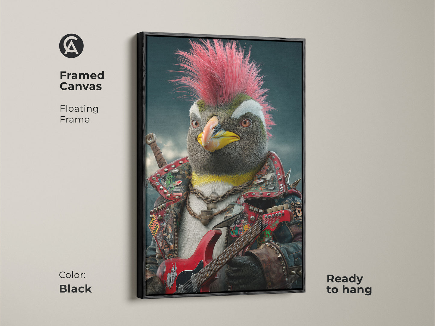 Framed canvas of a punk rock penguin. The art features a floating frame in black. This ready-to-hang artwork shows a penguin with a hot pink mohawk. The penguin is wearing a studded jacket and playing a red electric guitar. An eclectic gift for guitar players.