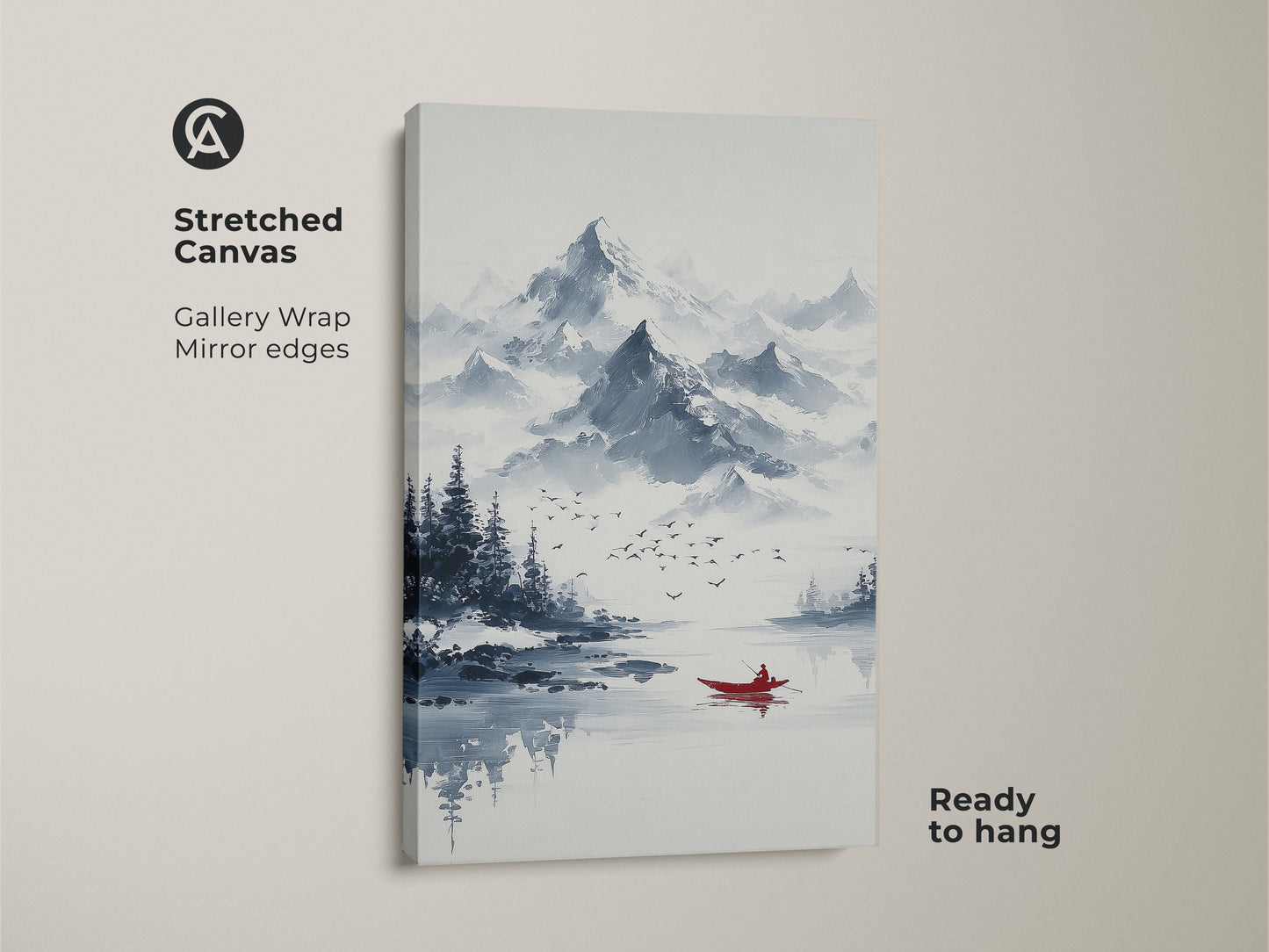 Stretched canvas of ink wash mountain art. This minimalist boat canvas print displays a red canoe. Ready to hang this blue gray landscape art enhances a bedroom. The serene lake artwork is ideal for outdoor lovers.