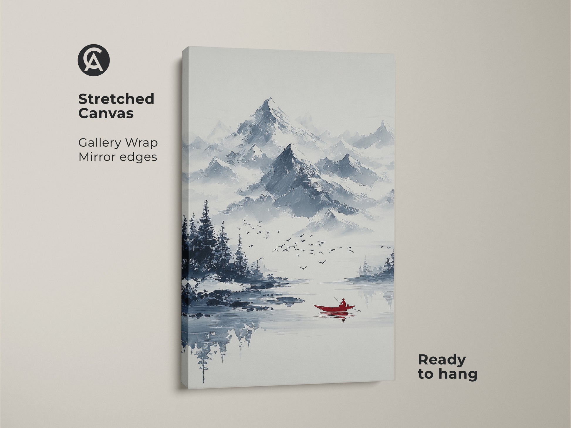 Stretched canvas of ink wash mountain art. This minimalist boat canvas print displays a red canoe. Ready to hang this blue gray landscape art enhances a bedroom. The serene lake artwork is ideal for outdoor lovers.