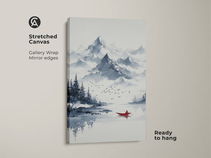 Stretched canvas of ink wash mountain art. This minimalist boat canvas print displays a red canoe. Ready to hang this blue gray landscape art enhances a bedroom. The serene lake artwork is ideal for outdoor lovers.