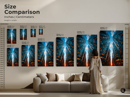 Size comparison of modern cityscape canvas prints in inches and centimeters. Blue and orange skyscrapers create a stunning urban view. A high rise building print to enhance any space. Find the perfect scale for your contemporary cityscape artwork.