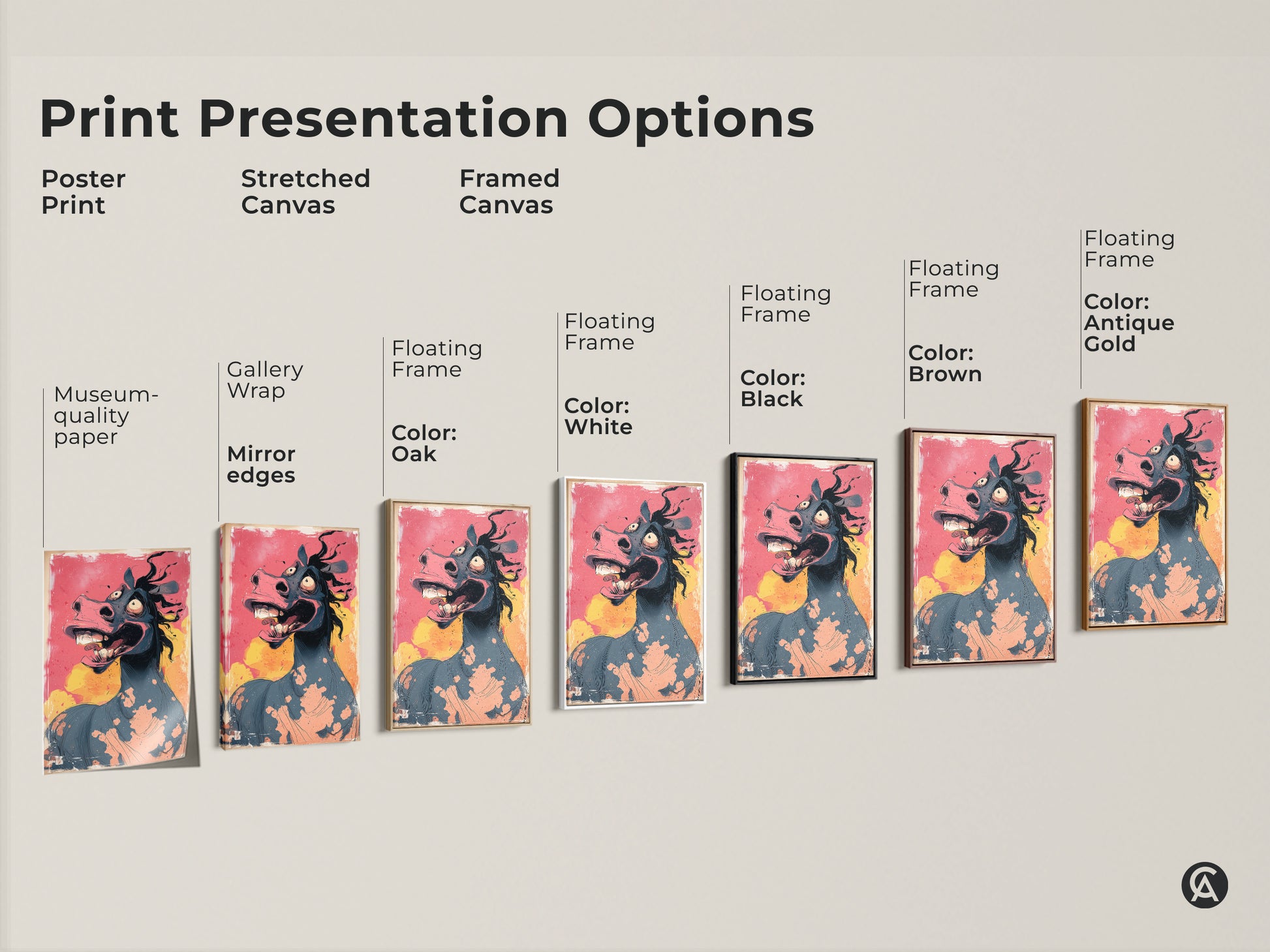 Explore print presentation options for cartoon horse art. Choose from poster prints stretched canvas and framed canvas. Each option enhances the grotesque animal artwork. It is perfect for adding color to any room.