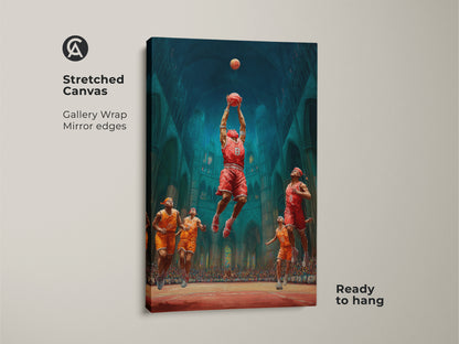 Elevate your space with this basketball dunk cathedral canvas art. This gallery-wrapped canvas has mirrored edges and is ready to hang. It’s ideal for teen room decor. It also makes a thoughtful gift for basketball enthusiasts.
