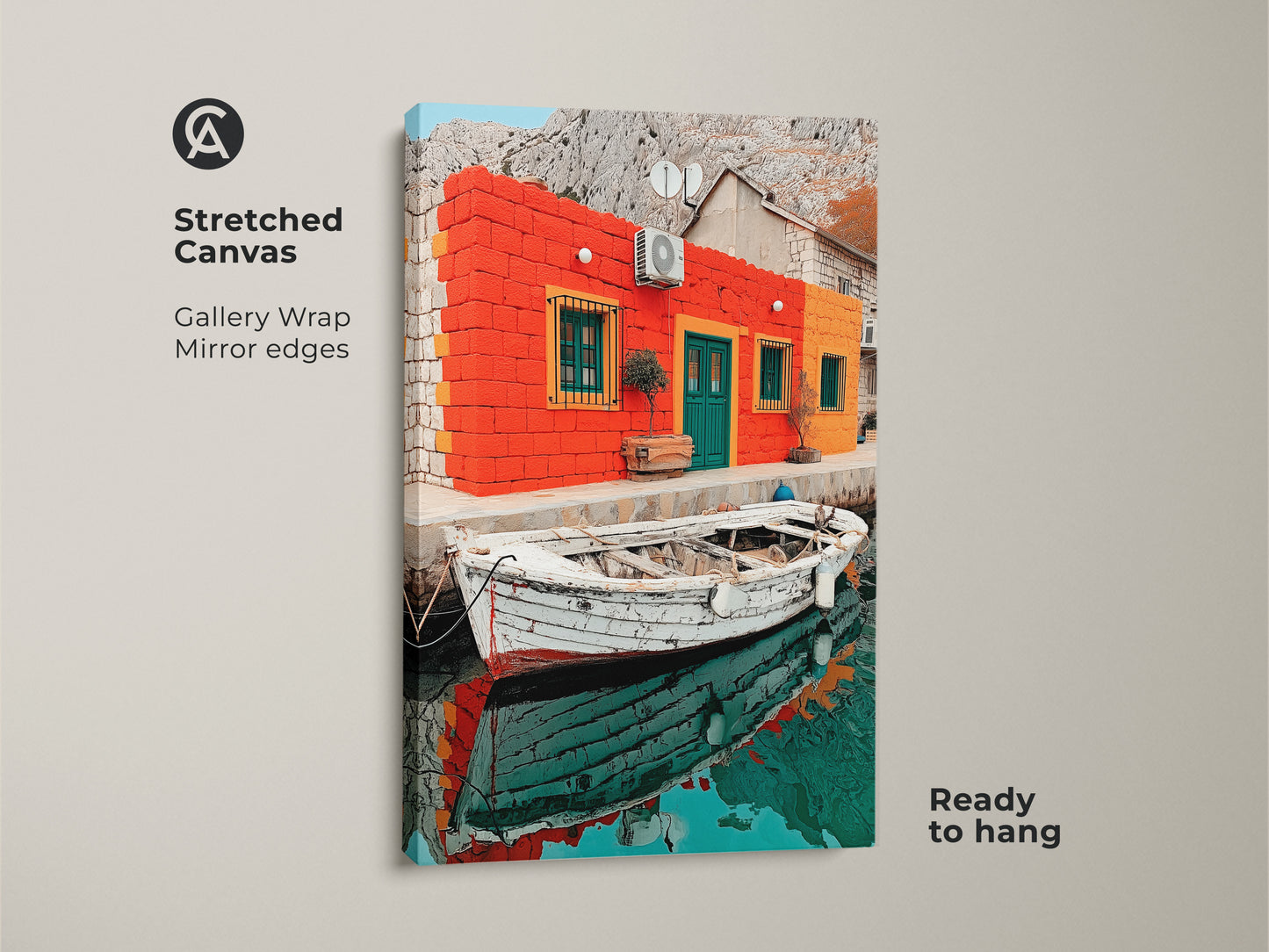 The Mediterranean house print on stretched canvas showcases coastal boat artwork. The orange teal wall art offers a realism landscape ideal as a travel lover gift. It enhances entry halls.