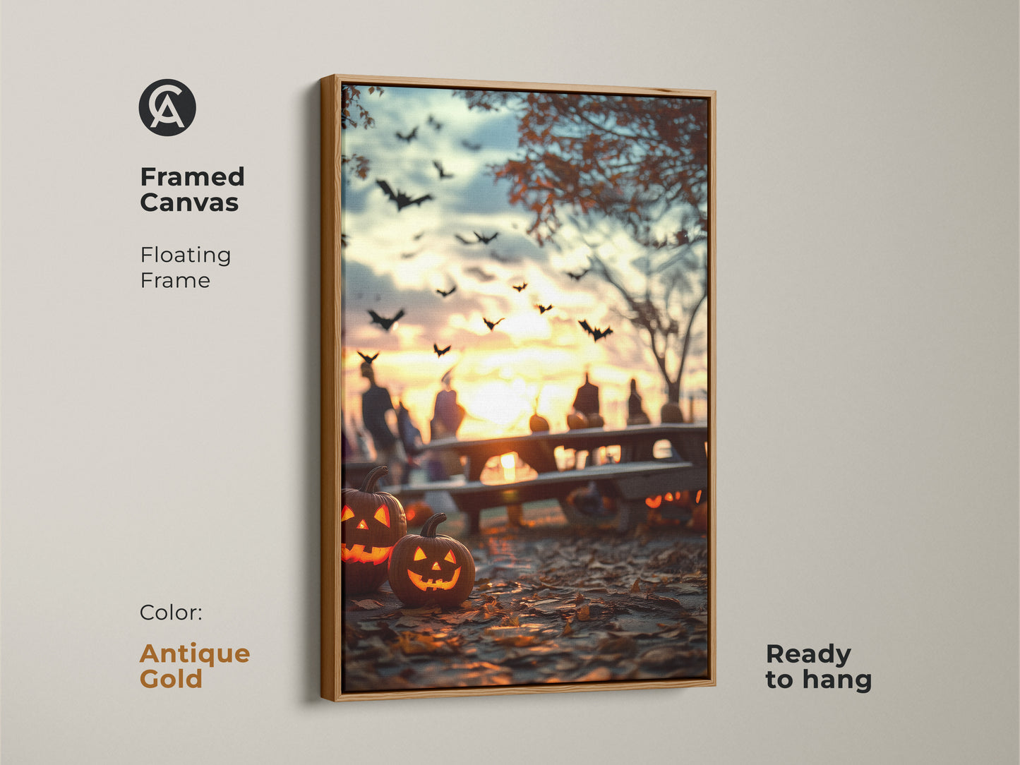 Framed canvas of Halloween artwork with an antique gold floating frame. Spooky bats fly against an autumn sunset. Jack-o'-lanterns glow. Ready to hang. This canvas art brings a touch of spooky charm. A perfect piece of eclectic home decor art. Makes an ideal gift.