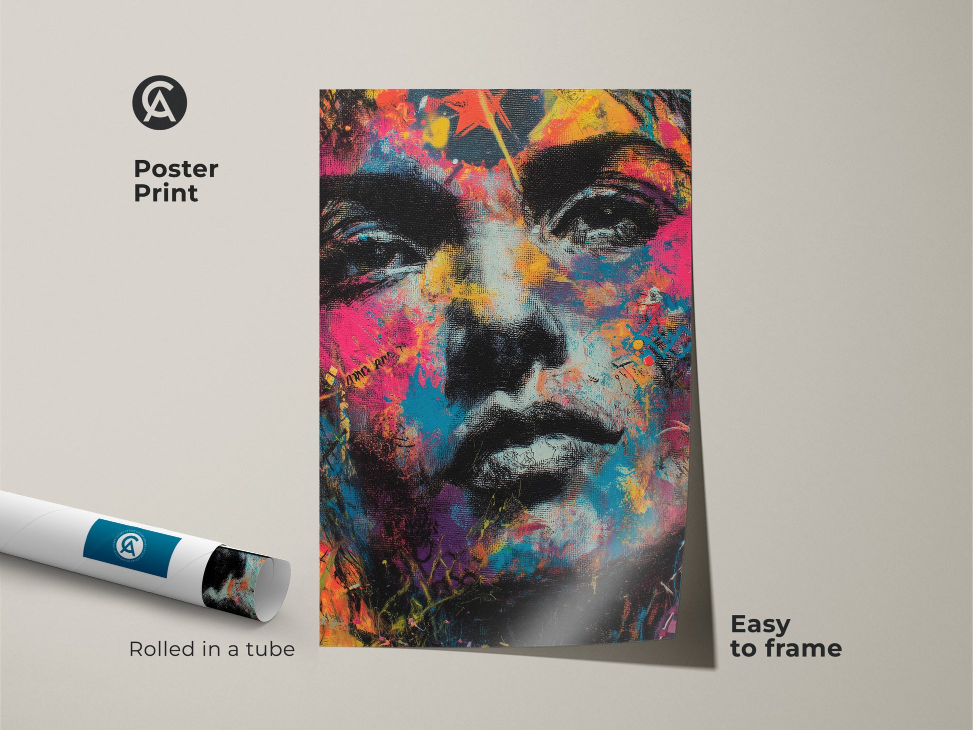 Poster print of a colorful face portrait. Rolled in a tube for easy shipping. Easy to frame for a custom look. This art adds a modern touch to any space. The vibrant colors make it stand out. Great for art lovers.