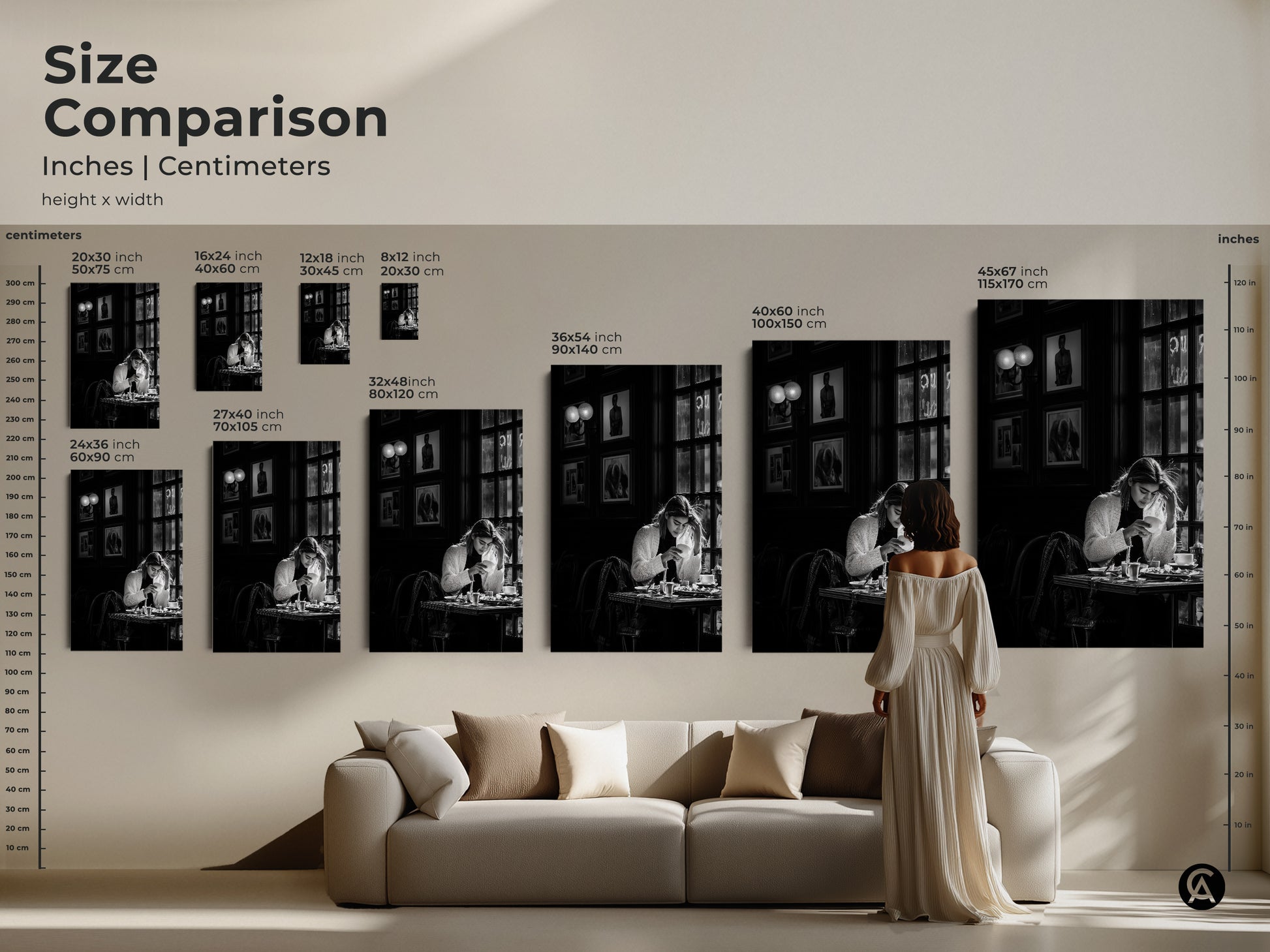 Size comparison of monochrome cafe scene wall art. Available in various sizes for different spaces. Contemporary black and white photojournalism style artwork. Perfect for adding a sophisticated touch to living rooms and modern interiors. Ideal housewarming gift.