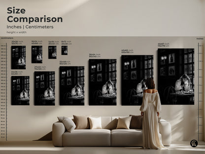 Size comparison of monochrome cafe scene wall art. Available in various sizes for different spaces. Contemporary black and white photojournalism style artwork. Perfect for adding a sophisticated touch to living rooms and modern interiors. Ideal housewarming gift.