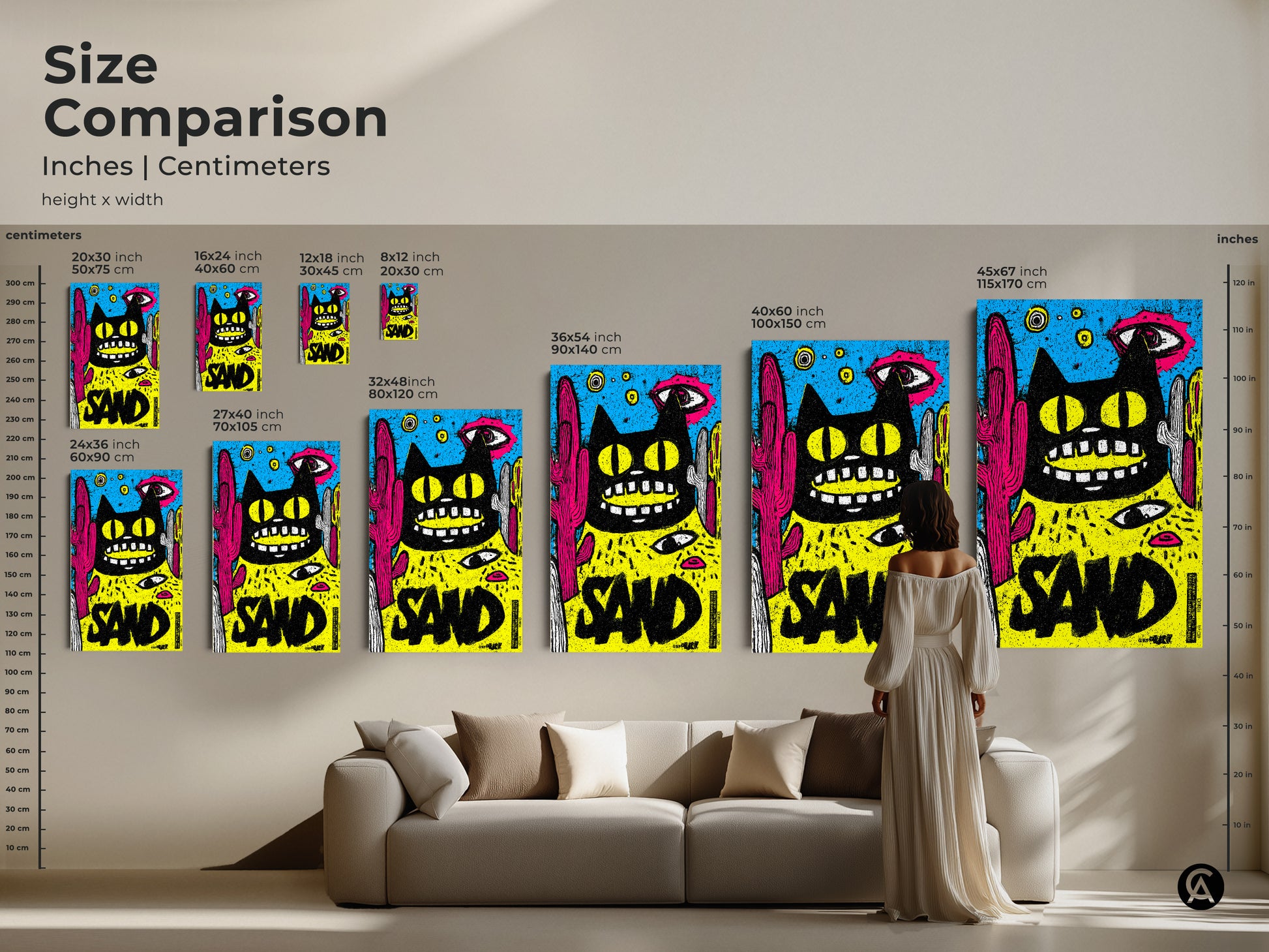 Size comparison of art prints in inches and centimeters. Various sizes are available. Find the right art print to fit your space. Discover the perfect artwork to enhance your home decor.
