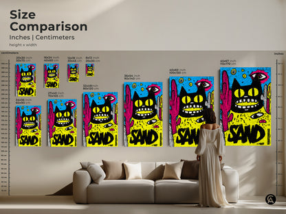 Size comparison of art prints in inches and centimeters. Various sizes are available. Find the right art print to fit your space. Discover the perfect artwork to enhance your home decor.