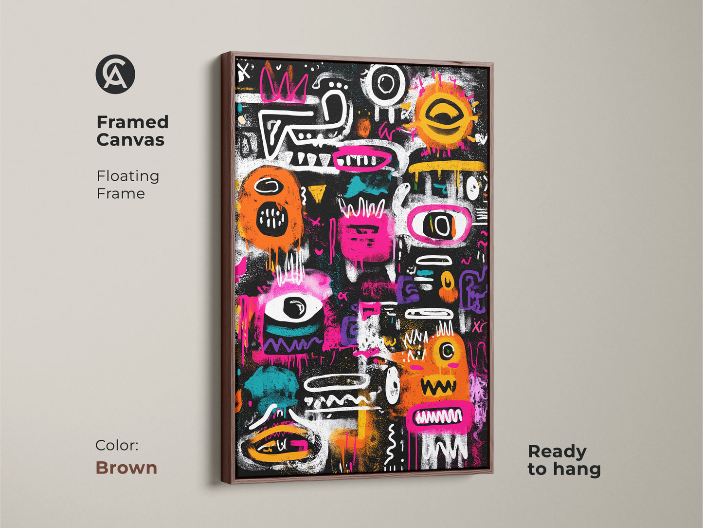Framed canvas showcasing abstract graffiti artwork. The floating frame enhances its contemporary style. The artwork is ready to hang and adds a touch of urban flair to any space. This framed canvas comes in brown. Shop now and find the perfect piece for your home