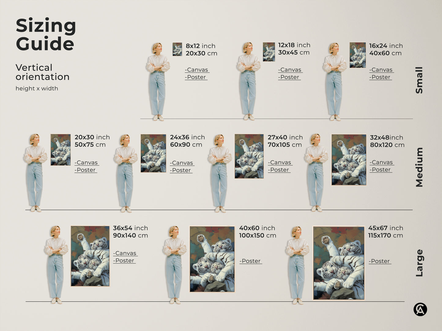 Sizing guide for realistic white tiger cubs art. Vertical orientation height x width options for canvas and poster prints. Available in small medium and large sizes. This wildlife feline canvas print is perfect for any space. Find the ideal newborn tiger painting art for your home decor.