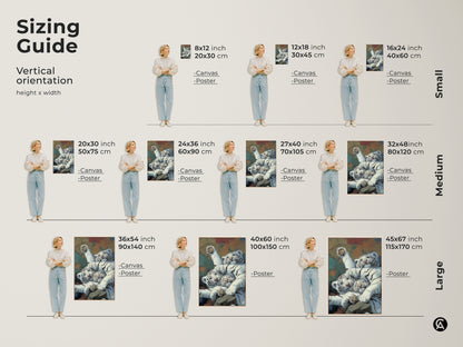 Sizing guide for realistic white tiger cubs art. Vertical orientation height x width options for canvas and poster prints. Available in small medium and large sizes. This wildlife feline canvas print is perfect for any space. Find the ideal newborn tiger painting art for your home decor.