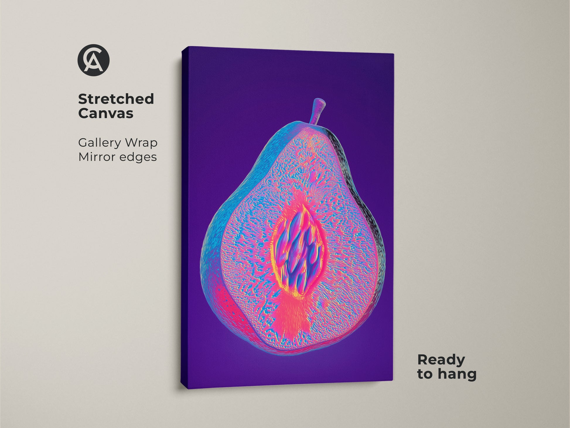 Stretched canvas showcases psychedelic pear wall art. The glitch art fruit print uses a magenta purple and blue palette. This abstract pear canvas art is ready to hang. It provides an eclectic decor for your kitchen or living space.