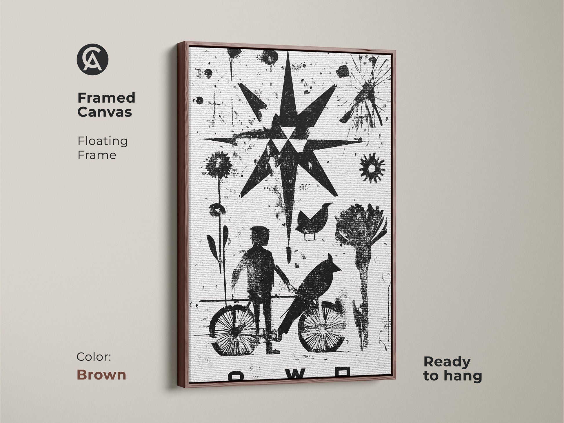 Abstract linocut artwork framed in a brown floating frame. The monochrome print features a child bird motif and a bold starburst. A unique and artistic wall hanging that enhances any bedroom decor. This abstract wall art is ready to hang.