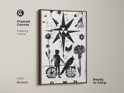 Abstract linocut artwork framed in a brown floating frame. The monochrome print features a child bird motif and a bold starburst. A unique and artistic wall hanging that enhances any bedroom decor. This abstract wall art is ready to hang.