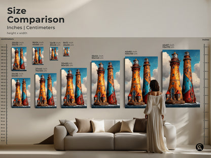 Size comparison for Steampunk Lighthouse artwork. See the ornate nautical canvas in inches and centimeters. Visualize different sizes within your living space. Perfect for coastal home decor